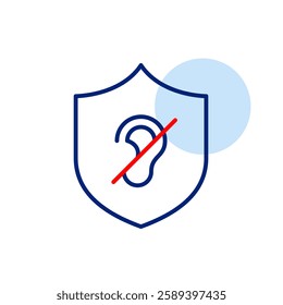 Security shield and ear crossed out. Privacy protection, no eavesdropping. Pixel perfect, editable stroke vector icon