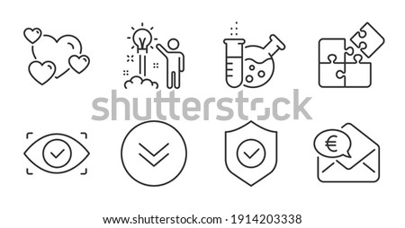 Security shield, Euro money and Creative idea line icons set. Heart, Biometric eye and Chemistry lab signs. Puzzle, Scroll down symbols. Cyber protection, Receive cash, Startup. Vector