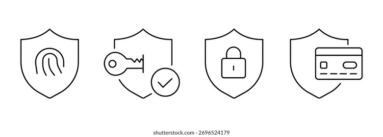 Huella digital del escudo de seguridad, verificación de acceso de llave, protección de candado, conjunto de iconos de privacidad de tarjeta de crédito, Ilustración vectorial de seguridad, símbolo de seguridad mínimo.