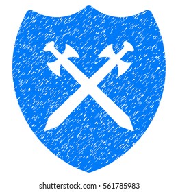 Security Shield grainy textured icon for overlay watermark stamps. Flat symbol with unclean texture. Dotted vector blue ink rubber seal stamp with grunge design on a white background.