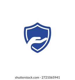Security shield with human hand icon for insurance protection. Healthcare symbol for safety and defense service.