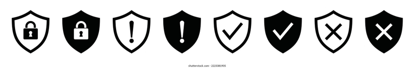 Sicherheitsschild-Symbolsammlung. Schild mit Markierungsmarken, Kreuz, Vorhängeschloss und Ausrufezeichen, Vektorgrafik