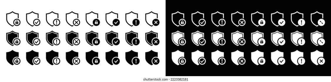 Security shield icon collection. Shield with check mark, cross, padlock, and exclamation mark symbol set, vector illustration