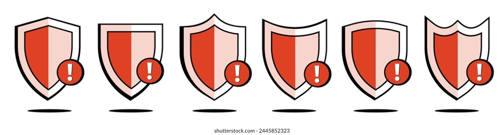 Security shield icon. Shield with exclamation sign. Set of security shields with warning.