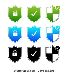 Security shield icon illustration set featuring lock, check mark, and protection symbols in green, blue, and black gradient designs. Ideal for cybersecurity, privacy, and data protection concepts.