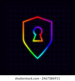 Security shield icon, neon rainbow visuals, gradient mesh graphics, glowing colorful aesthetic.