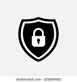 Security shield icon with padlock symbol. Black and white isolated security icon, vector illustration.