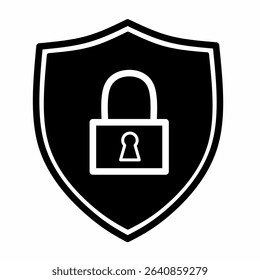 Security shield icon with a padlock symbol inside. Simple black and white vector illustration, representing privacy, protection, data encryption, and cybersecurity. Isolated on white background.