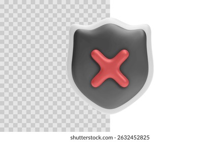 Security Shield Icon With Red Cross Mark, Ideal For Antivirus, Privacy, Error, Firewall, And Protection App Interface Design. Smooth And Clean 3D Illustration. Vector Illustration.