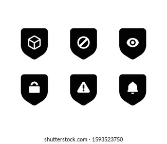 Security Shield Icon Set: AR (Augmented Reality), Restricted Access, Privacy Visibility, Locked, Warning Alert, Bell Notification. Isolated, Solid Color and Flat Style Pictograms.