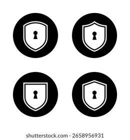 Sicherheitsschild-Symbol in schwarzem Kreis gesetzt. Schlüssellochsymbol im Datenschutzschild sperren. Datenschutz-Sperrkonzept