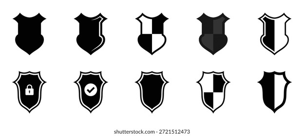 Conjunto de iconos de escudo de seguridad. Símbolos de marca de verificación de escudo. Logotipos de protección y candado. Ilustración vectorial. EPS 10