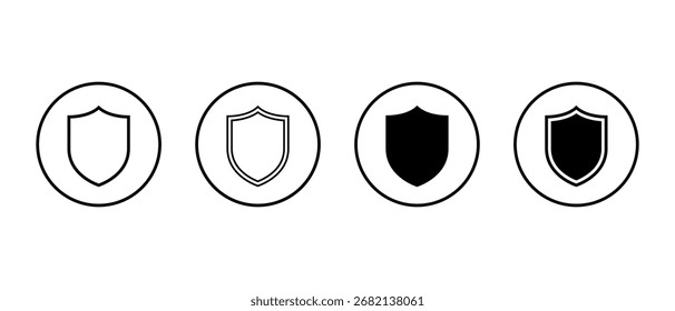 Ícone de escudo de segurança definido em contorno circular. Símbolo de privacidade, proteção e defesa