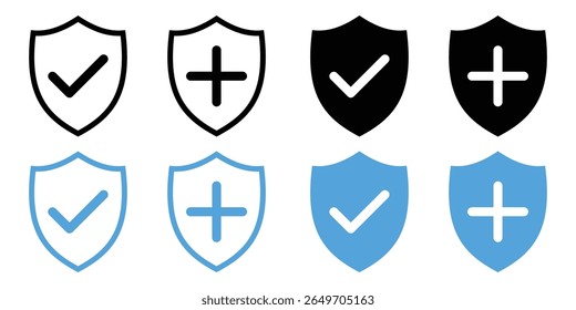Conjunto de Ícones de Proteção de Segurança - Proteção de Saúde, Sinal de Adição, Marca de Cruz e Símbolos de Segurança em Formato Vetorial.

