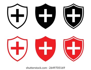 Conjunto de Ícones de Proteção de Segurança - Proteção de Saúde, Sinal de Adição, Marca de Cruz e Símbolos de Segurança em Formato Vetorial.

