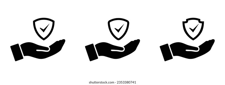 Security shield icon set on hand. Security shields logotypes with check mark, tick mark, right and yes mark. Security shield symbols on palm hand in black color outline. Vector illustration.