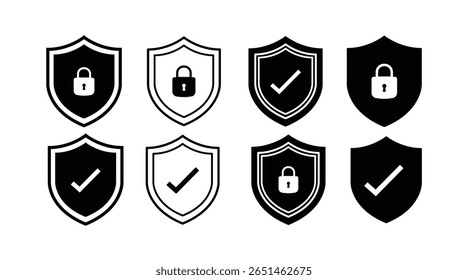 Security shield icon set with padlock and check mark. Protection, privacy, and safety vector symbols. Shield logo for secure access and data lock.

