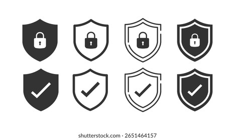 Security shield icon set with padlock and check mark. Protection, privacy, and safety vector symbols. Shield logo for secure access and data lock.