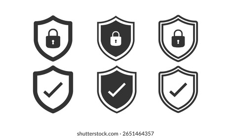 Security shield icon set with padlock and check mark. Protection, privacy, and safety vector symbols. Shield logo for secure access and data lock.