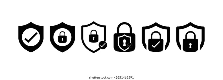 Security shield icon set with padlock and check mark. Protection, privacy, and safety vector symbols. Shield logo for secure access and data lock.