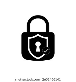 Security shield icon set with padlock and check mark. Protection, privacy, and safety vector symbols. Shield logo for secure access and data lock.