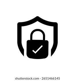 Security shield icon set with padlock and check mark. Protection, privacy, and safety vector symbols. Shield logo for secure access and data lock.