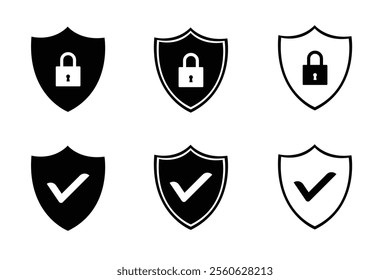 Security shield icon set. Protect shield sign. Lock security icon, security shields symbols with check mark and padlock. Safety, protection sign