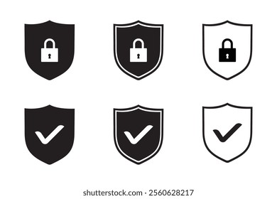 Security shield icon set. Protect shield sign. Lock security icon, security shields symbols with check mark and padlock. Safety, protection sign