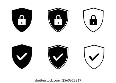 Security shield icon set. Protect shield sign. Lock security icon, security shields symbols with check mark and padlock. Safety, protection sign