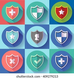 Security shield icon set - protection symbols. Flat design style
