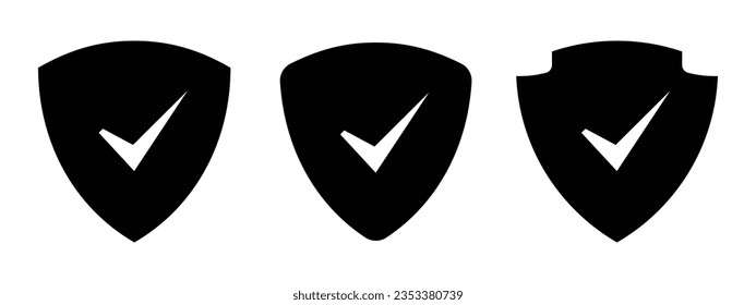 Security shield icon set. Security shields logotypes with check mark, tick mark, right and yes mark. Security shield symbols in black and white color. Vector illustration.