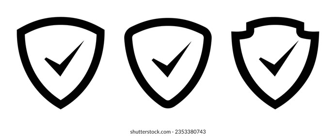 Security shield icon set, security shields logotypes with check mark, tick mark, right and yes mark. Security shield symbols in black color outline. Vector illustration.