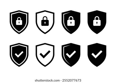 Conjunto de iconos de escudo de seguridad. Símbolos de escudo de seguridad con marca de cheques y candado, ícono de seguridad de escudo, seguridad, Ilustración vectorial de señal de protección