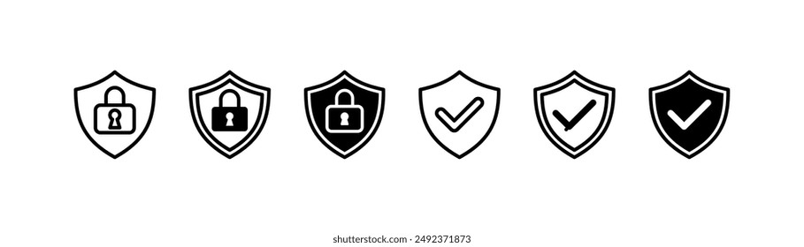 Security shield icon set vector illustration, shields defense logotypes with check mark and padlock. Security shield symbols template background. 