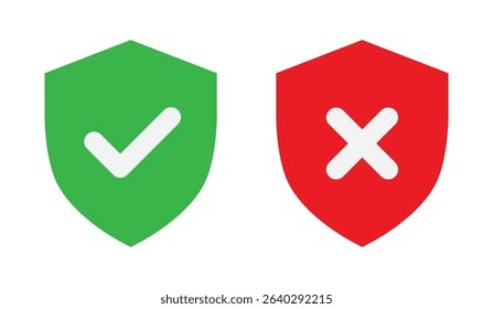 Security shield icons with check and cross. Approved and denied symbols in green and red color vector illustration.