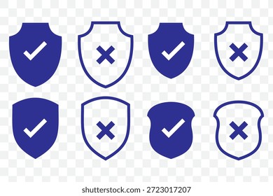 Ícones de escudo de segurança com marca de seleção e cruz