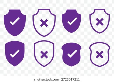 Iconos de escudo de seguridad con marca de verificación y cruz