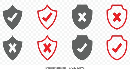 Iconos de escudo de seguridad con marca de verificación y cruz. Compruebe los símbolos de marca, cruz, bloqueo y protección. Iconos de escudo que muestran el Estado aprobado y rechazado. Dos escudos. eps 10