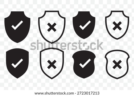 Security shield icons with check mark and cross