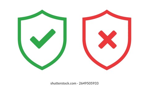 Ícones de escudo de segurança: Marca de seleção verde e Cruz vermelha para proteção