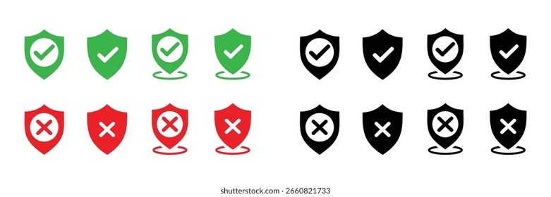 Security Shield Icons: Green Checkmarks, Red Cross Marks, Black Variations, Vector.
