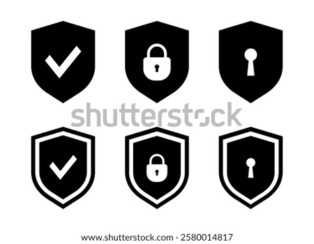 Security shield icons. Lock security and protection approve. Security shields with check mark and padlock. Safety icon. Access protect shield icons. Vector illustration.