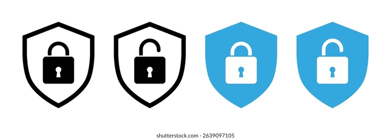 Security shield icons with lock and unlock symbols vector cyber protection and access control set in black and blue color.