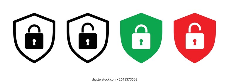 Security shield icons with lock and unlock symbols vector cyber protection and access control set.