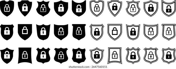 Iconos de escudo de seguridad con símbolo de candado que muestra protección digital y privacidad
