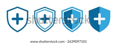 Security shield icons with plus symbol in blue color vector protection badges set.