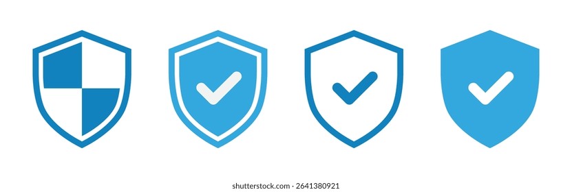 Security shield icons, Protection badges with check mark and quadrant design, flat style set for antivirus, privacy, approval, secure access, vector illustration.