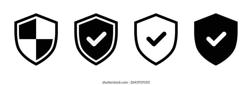 Security shield icons, Protection badges with check mark and quadrant design in black and white color, Flat style shield set for antivirus, privacy, approval, secure access, vector illustration.