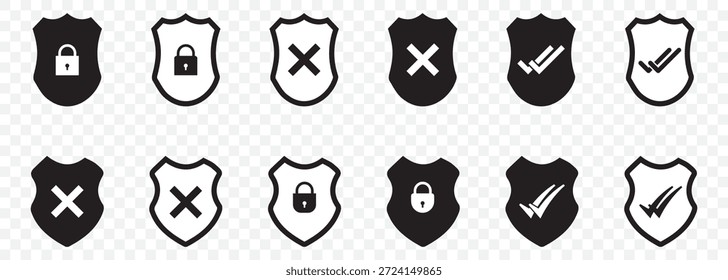 Iconos de escudo de seguridad, insignias de protección con marca de verificación y diseño de cuadrante en color blanco y negro, conjunto de escudo de estilo plano para antivirus, privacidad, Aprobación, acceso seguro, Ilustración vectorial sobre fondo transparente. EPS 10.