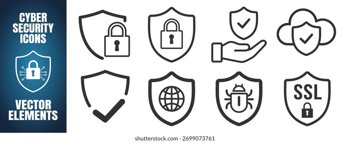 Security shield icons set. Data protection and online safety vector elements on transparent background